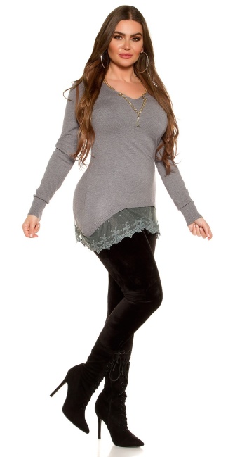 CurvyGirlsSize! pullover with chain & lace Grey